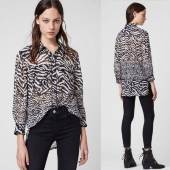 All Saints Ester Remix Zebra Animal Print Sheer Black White Womens Shirt - Picture 10 of 10